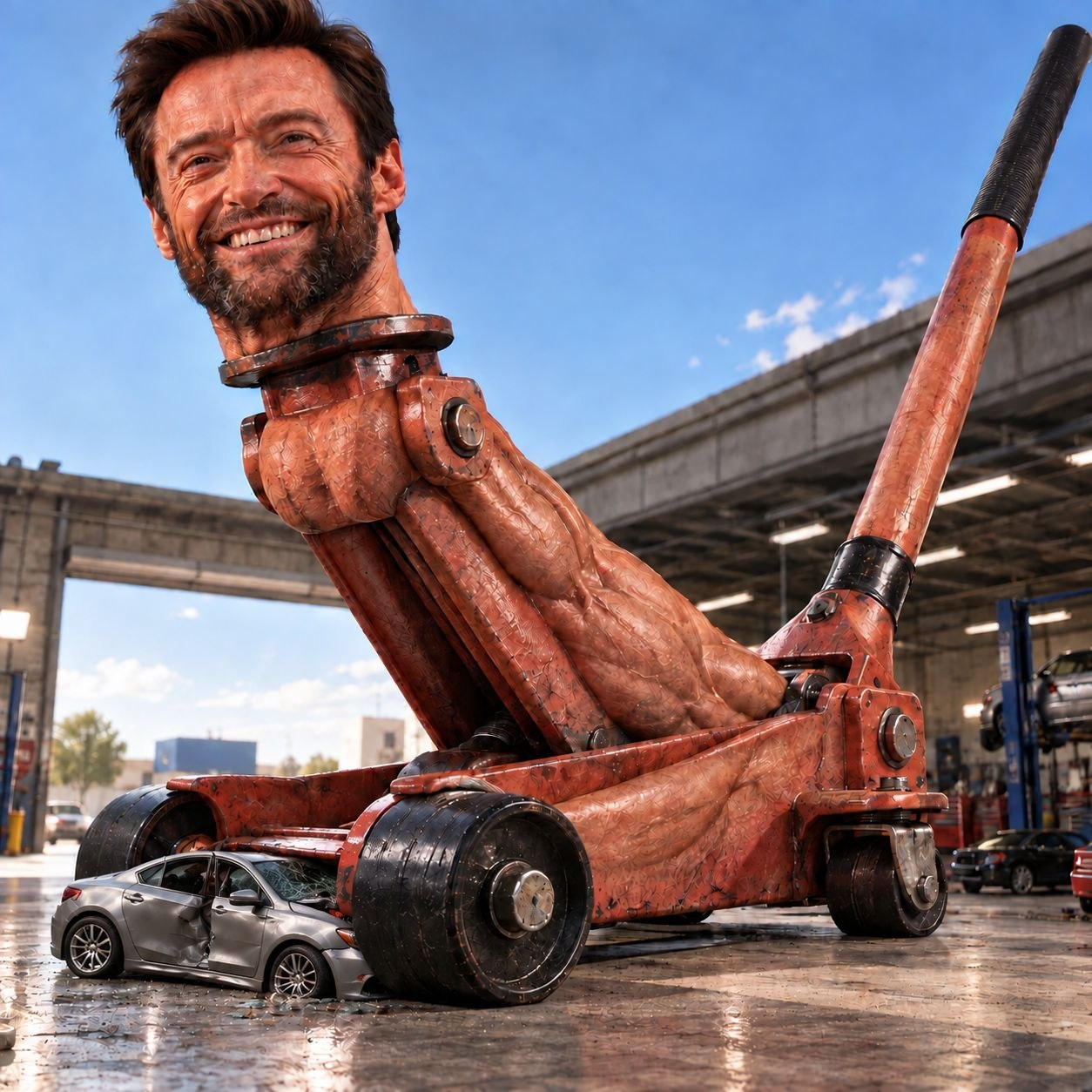 The jack lifting a car in a garage