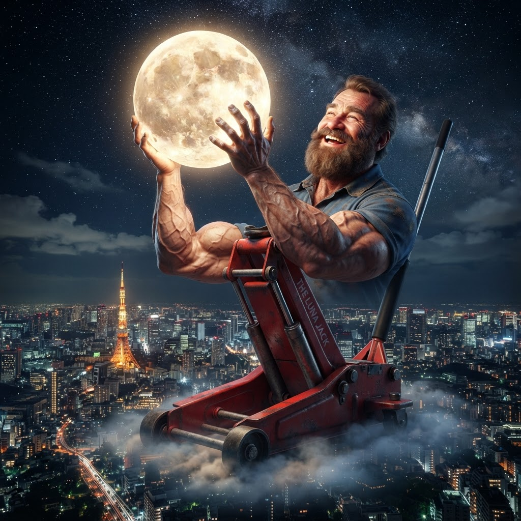 The jack lifting the moon above a city