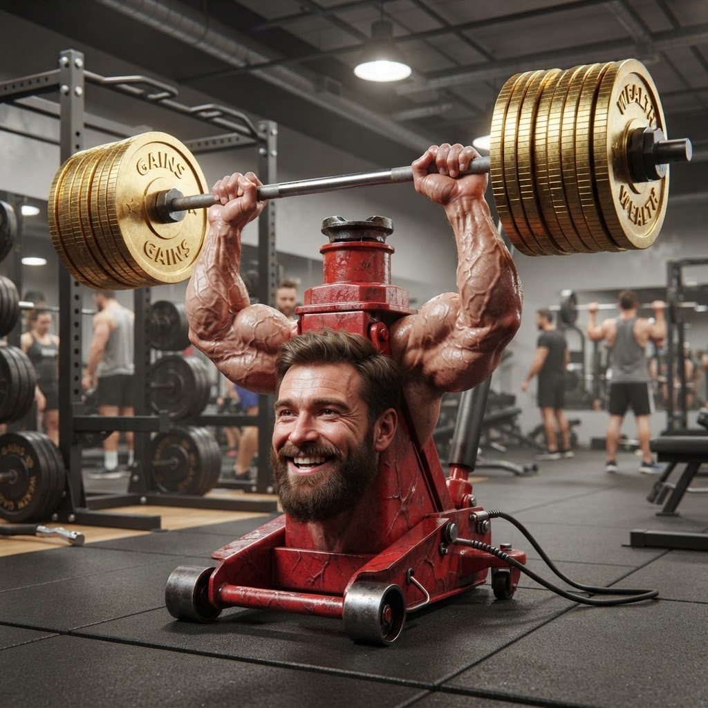 The $HUGEJACKMAN jack lifting a barbell loaded with gold coins in a gym