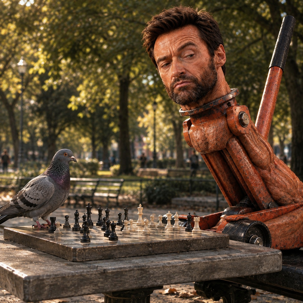 The jack playing chess against a pigeon in a park
