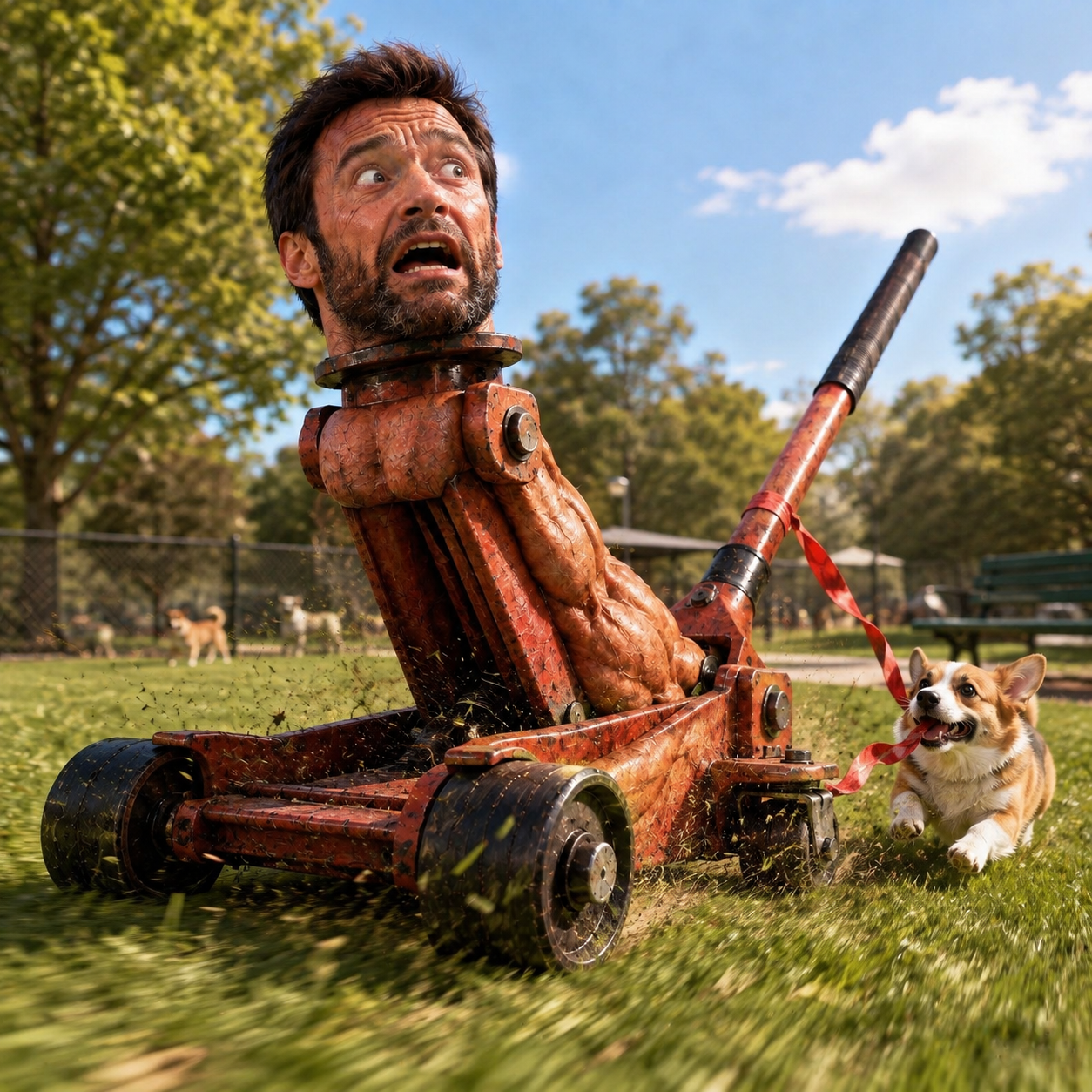 The jack being dragged through a park by a corgi on a leash