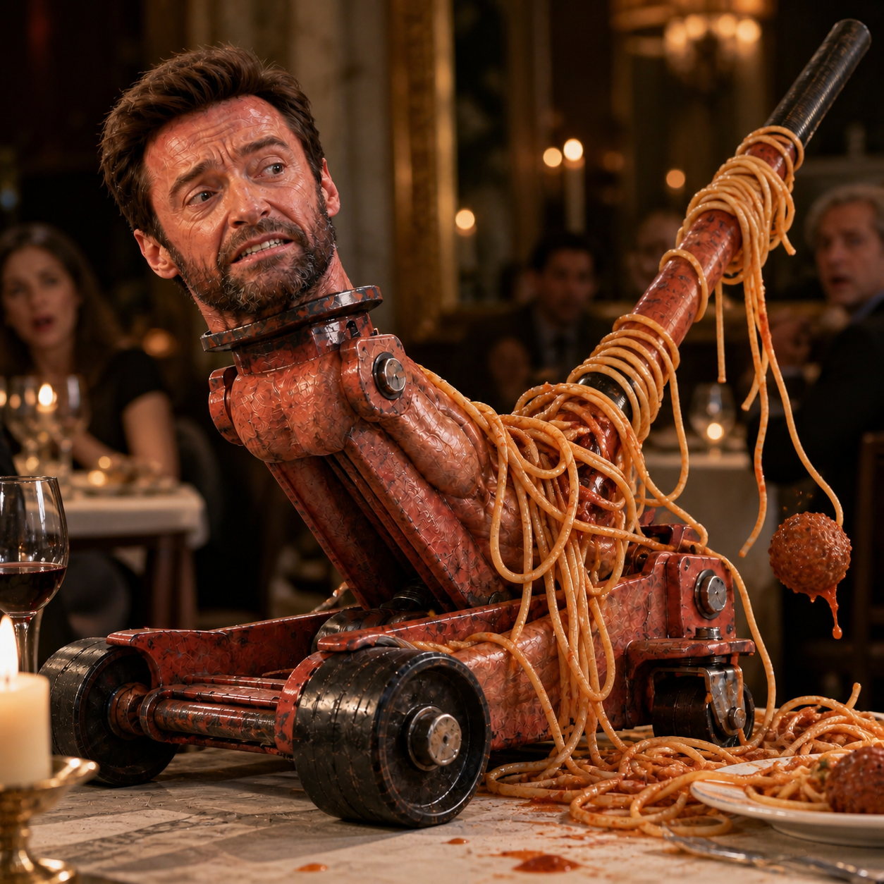 The jack tangled in spaghetti at a fancy restaurant